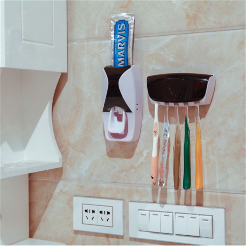 Rak Tempel Dinding Bath Set Alat Pemeras Pasta Gigi Fashion Rumah Kamar Mandi Dispenser Odol Otomatis Toothbrush Holder Set