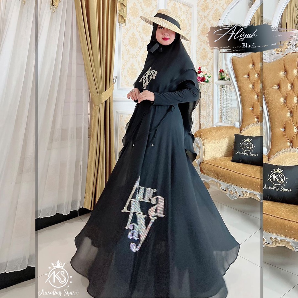 Gamis Syari Set Aliyah Hitam By Aurakay Syari