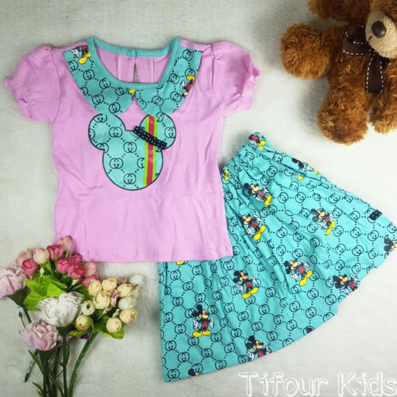 Tifour Kids - Setelan Baju Rok Anak Perempuan Mickey Krah Gucci All Size (3-9 bulan)