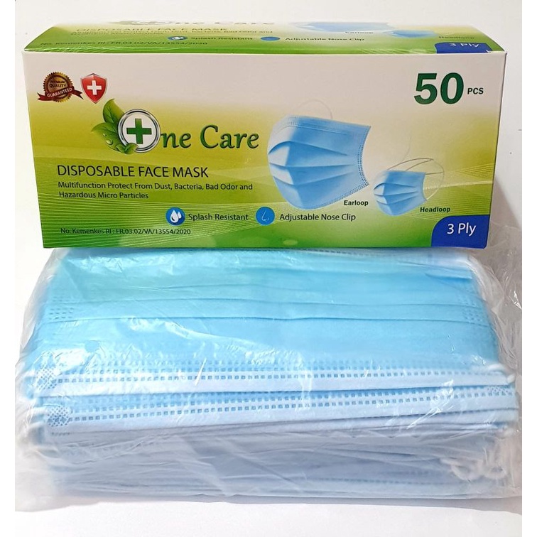 MASKER ONE CARE 3PLY EARLOOP BIRU POLOS TANPA EMBOSS ISI 50PCS PASTI ORIGINAL KEMENKES