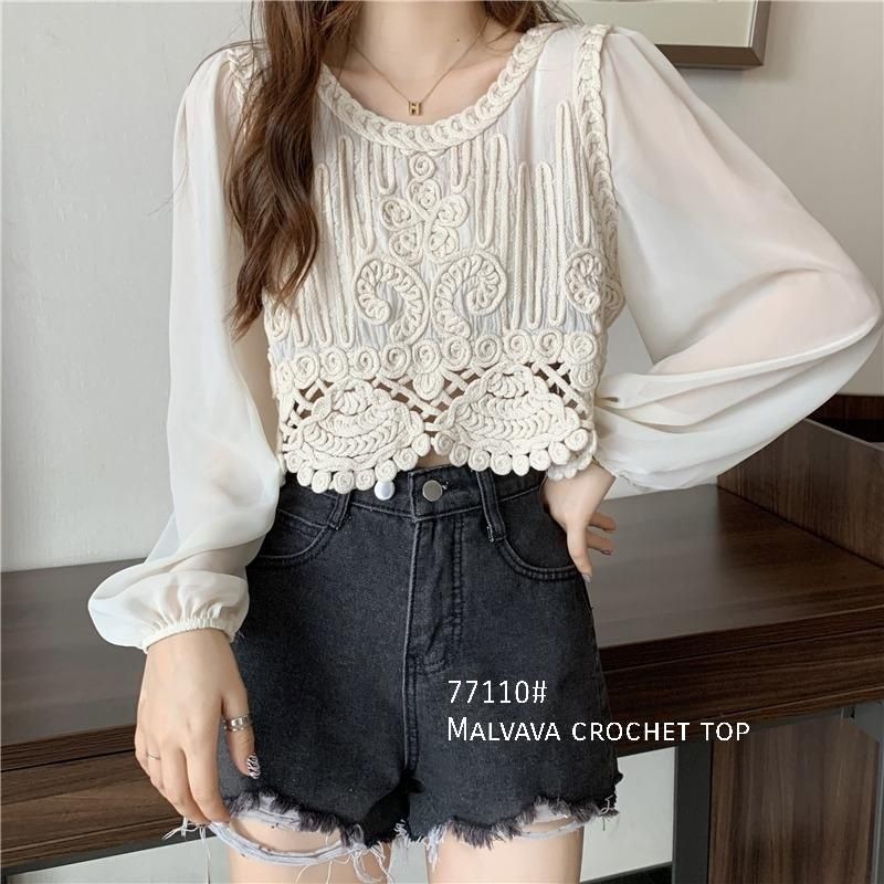 MDLV ~ 77110 MALVAVA CROCHET TOP KOREA IMPORT ATASAN CROP LENGAN PANJANG BRUKAT FASHION IMPORT