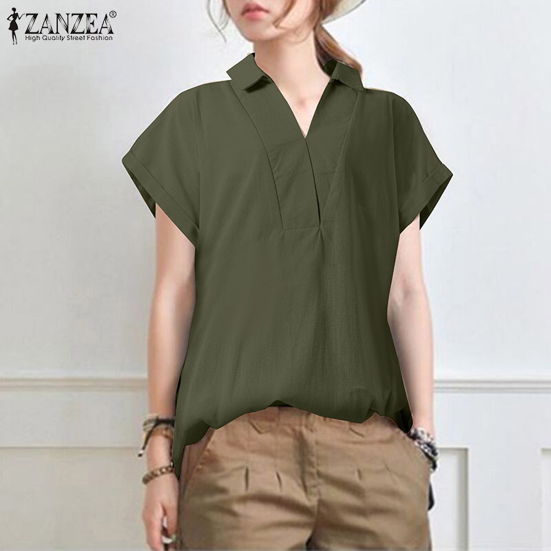 ZANZEA Women Summer Short Sleeve Plus Size Cotton Blouse Solid Color Shirts