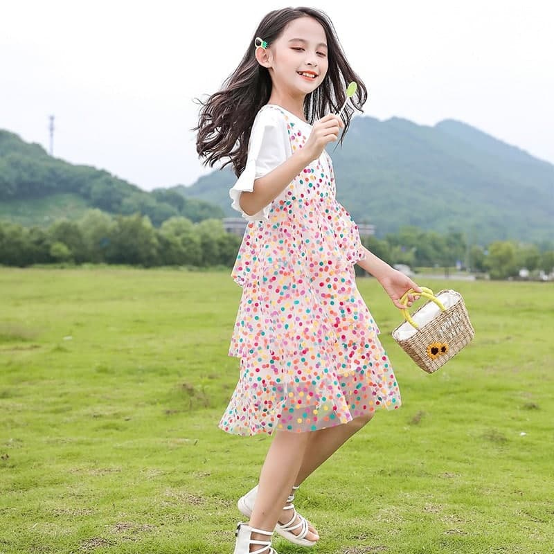 Promo !! Dress anak import trendy / dress polka colorful layer ukuran 3-6tahun