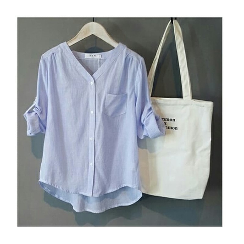 Blouse / Blus Wanita Stripe Momon Biru Katun Salur Murah Nyaman Berkualitas