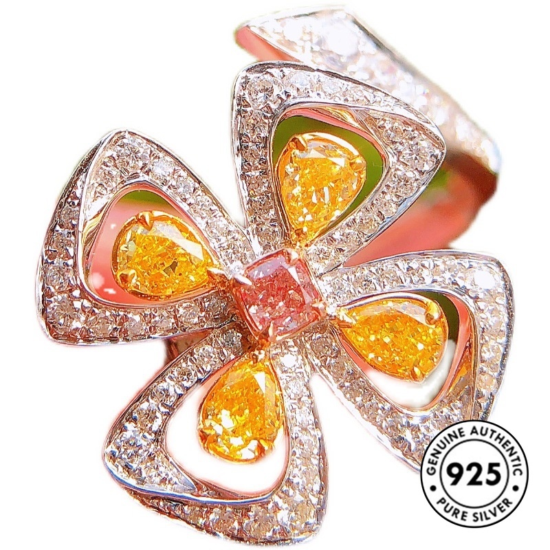 Cincin Sterling Silver 925 Model Clover Dengan Berlian Kuning Untuk Wanita