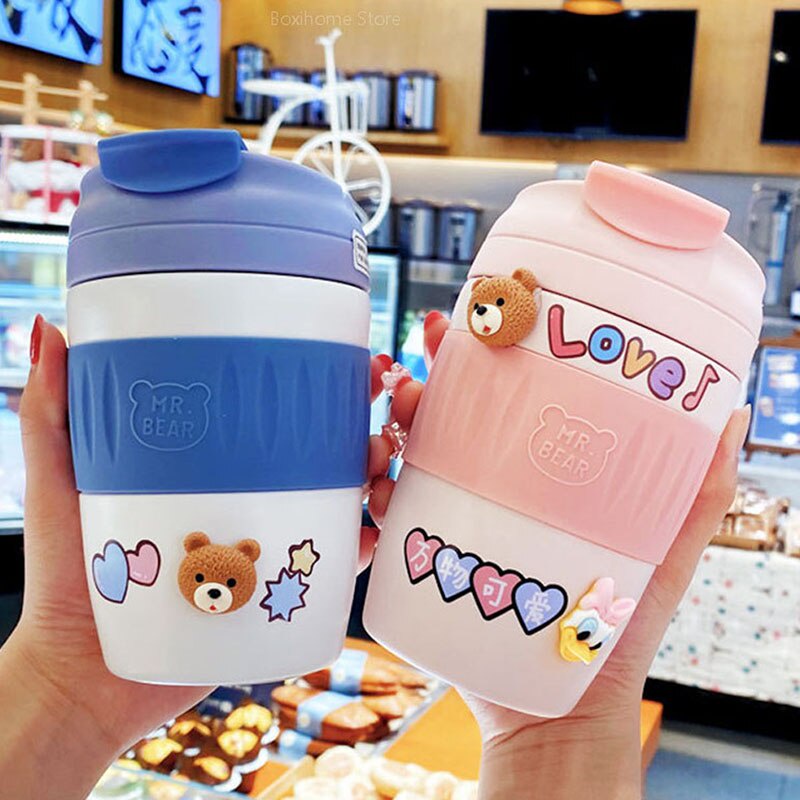 Kawaii Bear Thermal Cup Coffee Mug Portable Stainless Steel Anak Sedotan Botol Air Anak Perempuan Termos Lucu Perut Besar Double Minum