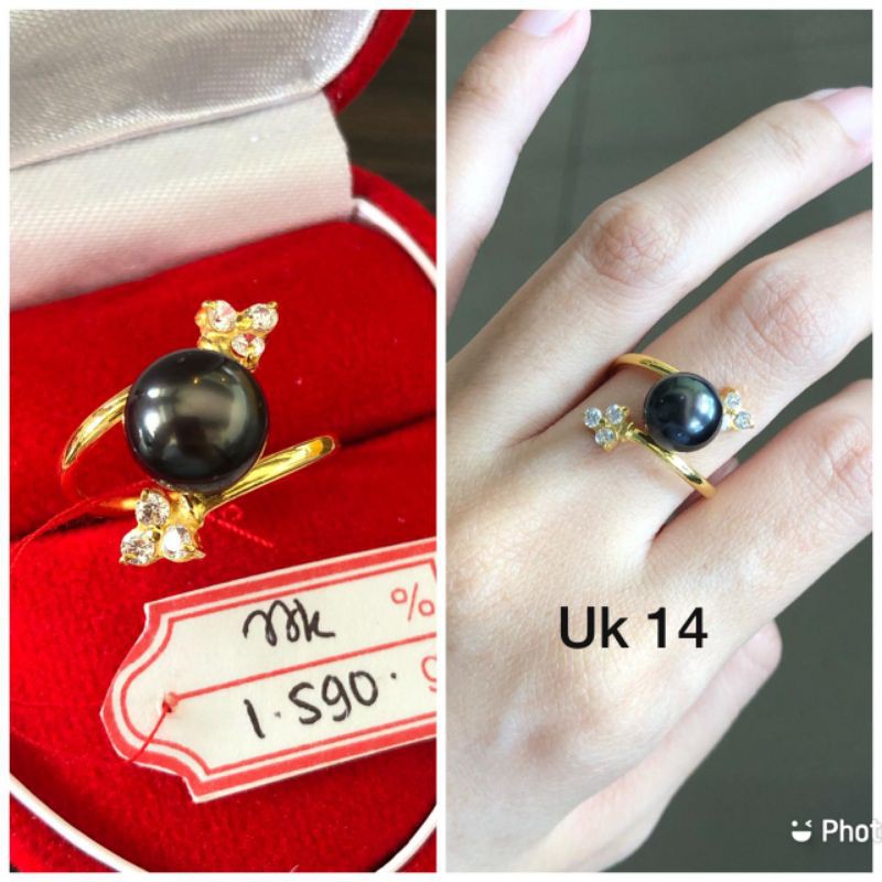 Cincin pipa silang zircont sirkon tiga mutiara air laut warna hitam Tahiti asli lombok emas 22k