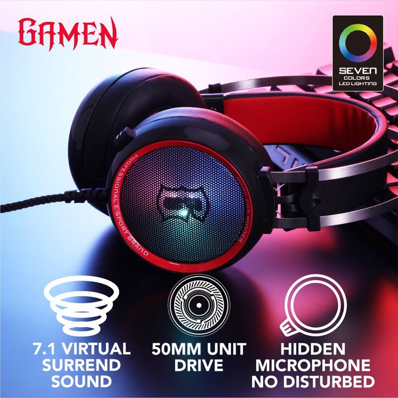 Gamen GH1200 USB Input 7.1 Virtual Surround with Hidden Microphone Gaming Headset - Garansi 1 Tahun