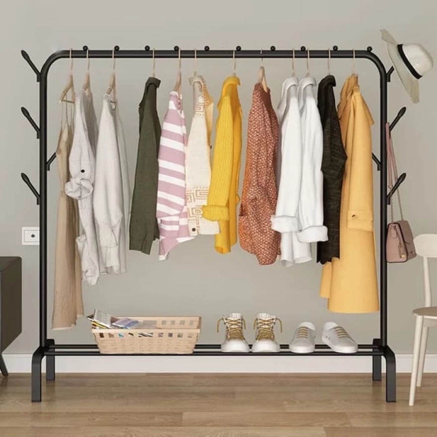 E001706 Stand Rak Gantungan Baju 150x110x40cm with 8 Hooks - Black Besar Wadah Gantung Celana Makeup Sepatu Jumbo Tebal Kamar Tidur Ruang Ganti Jaket