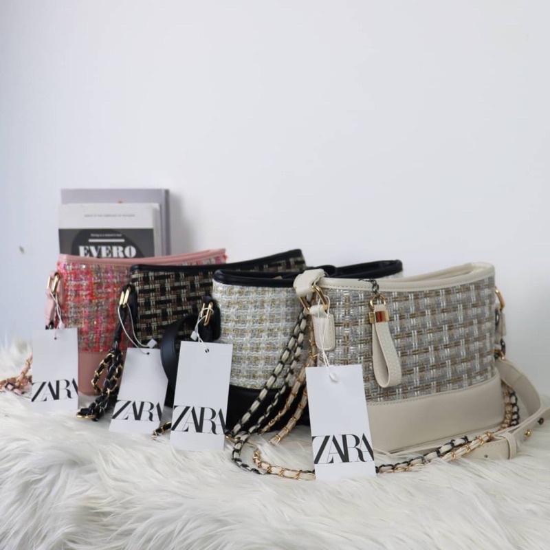 Tas Kulit Selempang Wanita ZR Leather Tweed Slingbag Premium Import Hitam Black Putih White Pink Hij