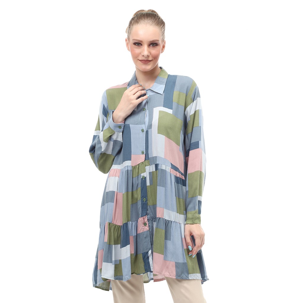 Tunik Atasan Wanita Long Sleeves Motif Abstrak Multicolor Relaxed Fit - Motif 4