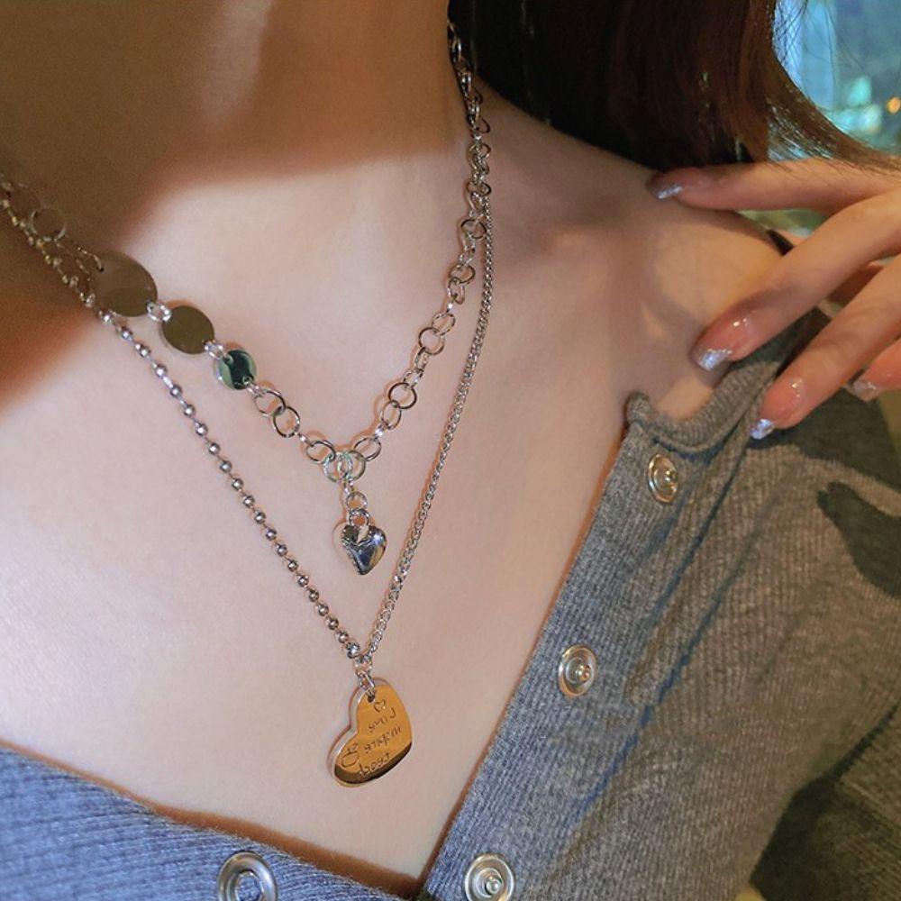 NEEDWAY Kalung Hati Lapis Ganda Vintage Desain Mewah Ringan Rasa Huruf Jahitan Temperamen Hadiah Untuk Wanitanya Choker