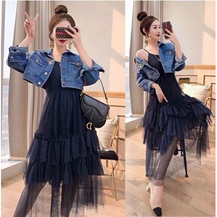 Baju Setelan Jaket Denim 2in1 Setelan Dress Tutu Model Casual Terkini