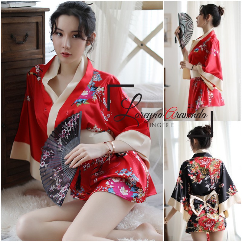 Set Lingerie Seksi + G String Model Kimono Premium Sabuk Besar Satin Jepang LG109