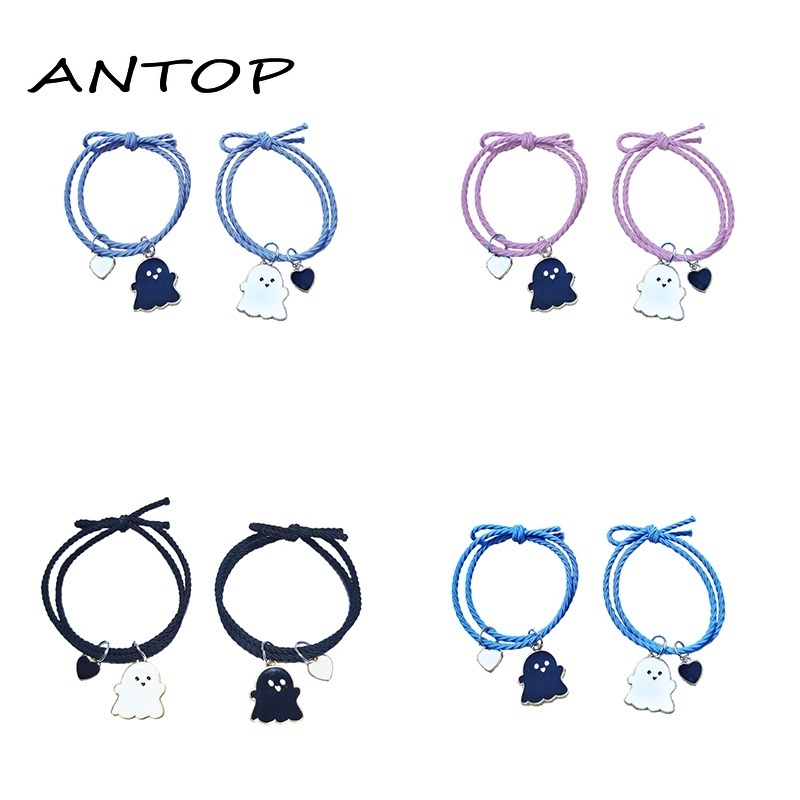 2Pcs Gelang Couple Pasangan Hitam Tenun/Lucu Hantu Magnet Kapel Persahabatan Wanita Dan Pria Adjustable Gelang