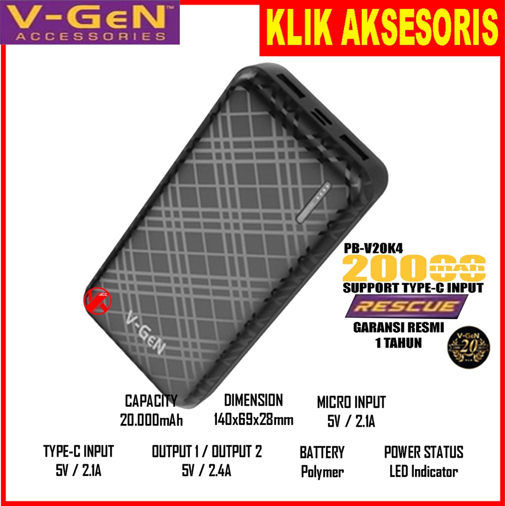 V-GEN V20K4 Powerbank VGEN 20000mah Rescue Support Type C & Micro USB Original Fast Charging Real Ca