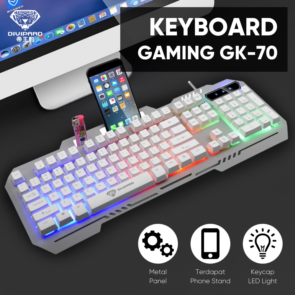 Divipard Keyboard Gaming GK-70 Kabel USB 2.0 Plus LED Lightning Metal Cover Plus Docking Handphone-5