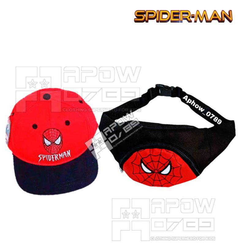 Waistbag anak canvas karakter spiderman 2 in1 - tas + topi