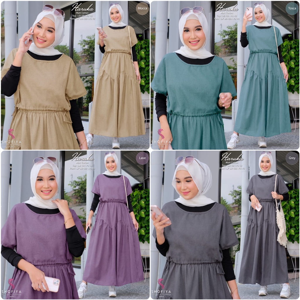 Shofiya Haruka One Set Jumbo Cotton Motif Polos Setelan Atasan & Rok Muslim Wanita LD 110