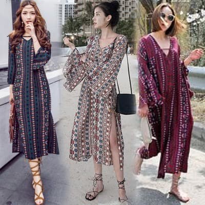 dress bohemia / dress lengan panjang retro dress lengan panjang v neck - NAVY