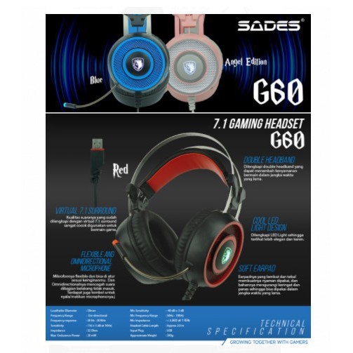 Sades G60 7.1 Surround Sound Gaming Headset USB