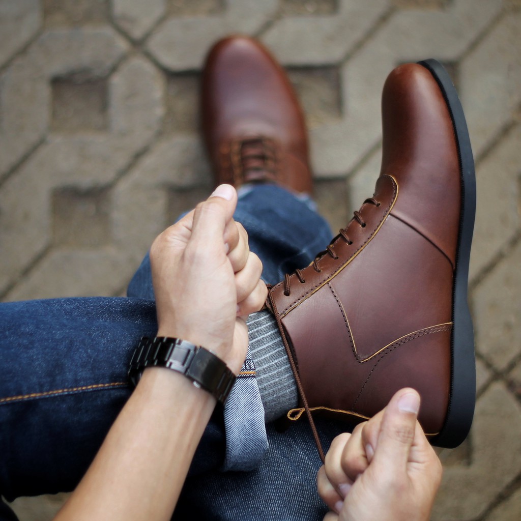 Reyl Maints Brown - Sepatu Boots Kasual Kerja Riding Pria Men Cowok Kulit Asli