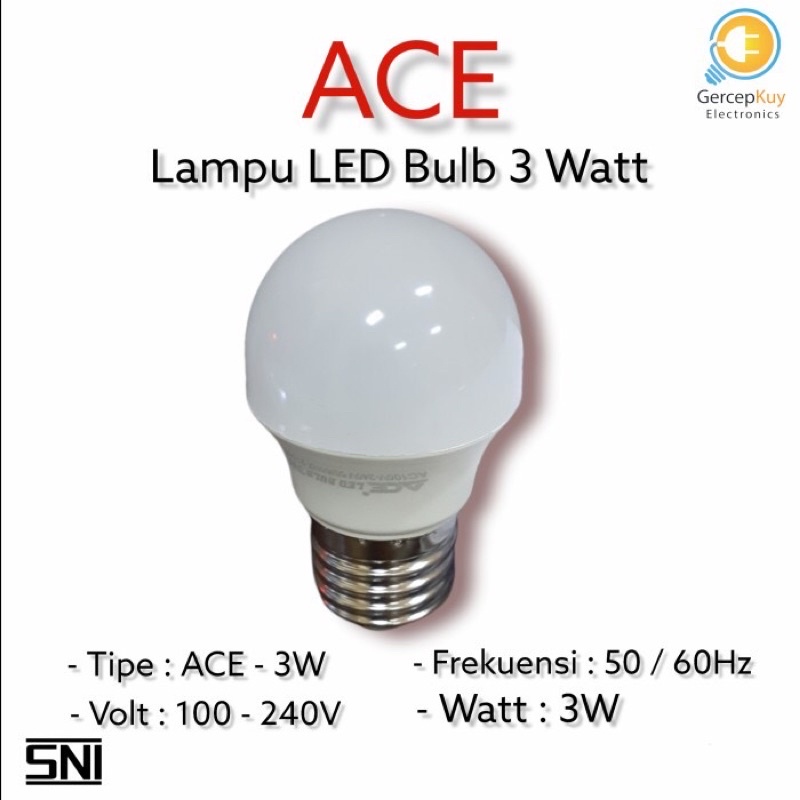 Lampu LED Bulb ACE Putih 3W / 3Watt Putih Garansi E27