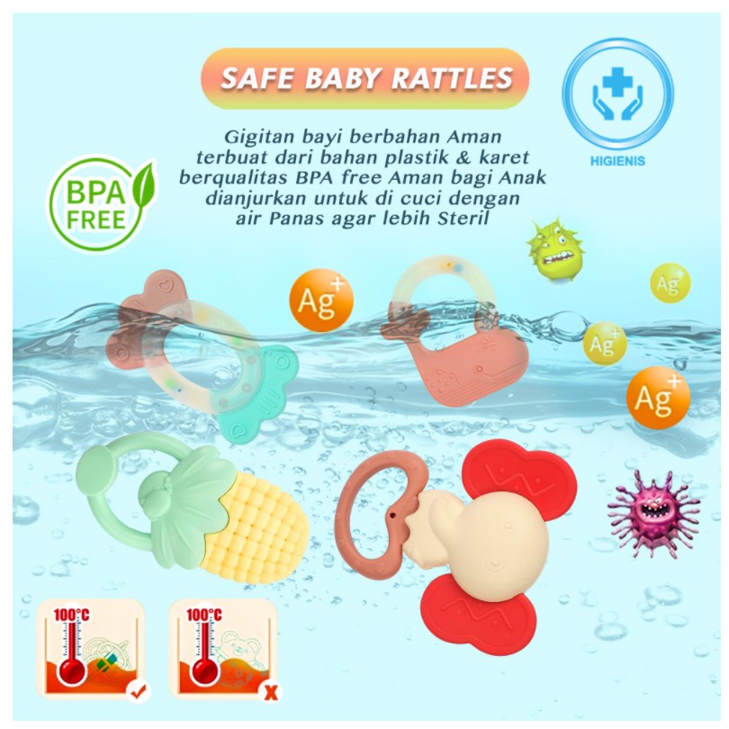 Rattle Stick Shaking Ball dan Teether Rattle bahan silikon Rattle Stick Shaking Ball dan Teether Rattle bahan silikon