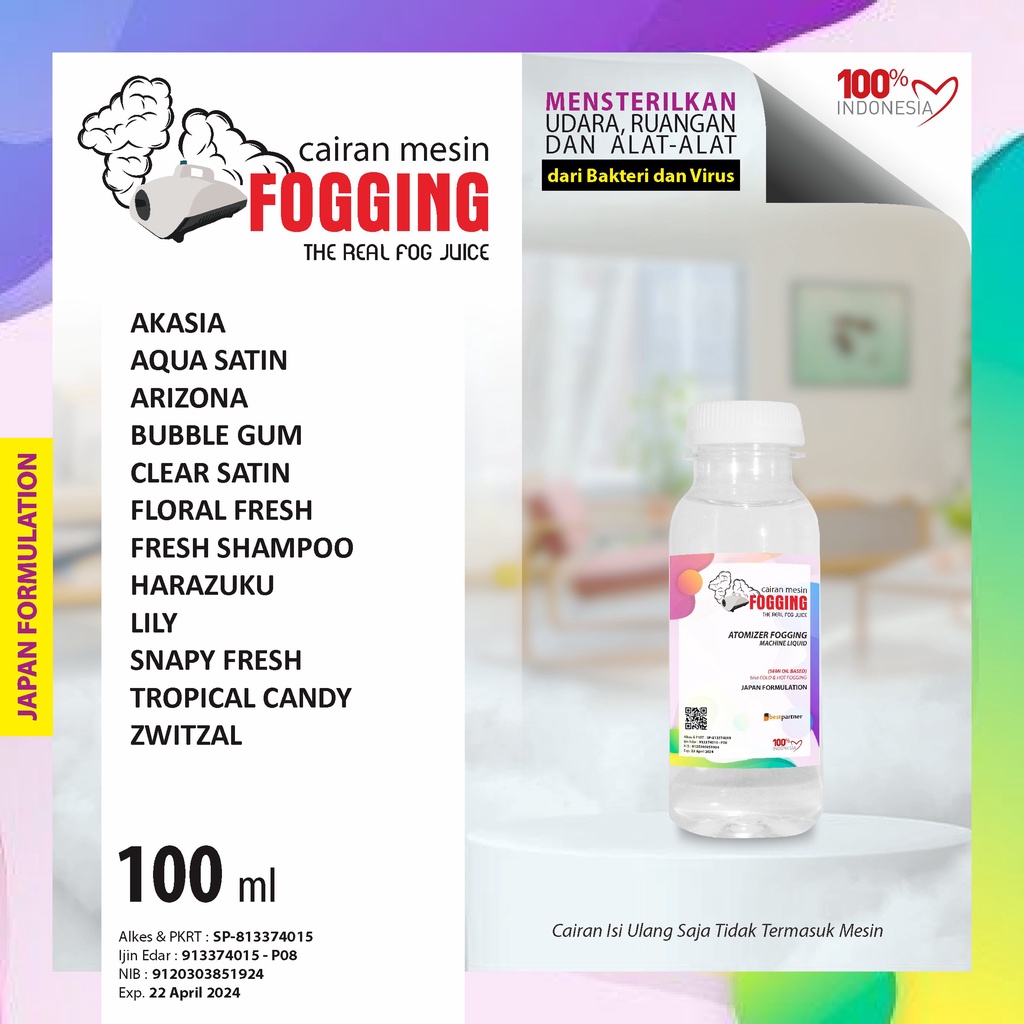 Cairan Mesin Fogging Macam Aroma Segar 100 ml Botol / Cairan Fogging Atomizer Segar 100 ml botol Pet