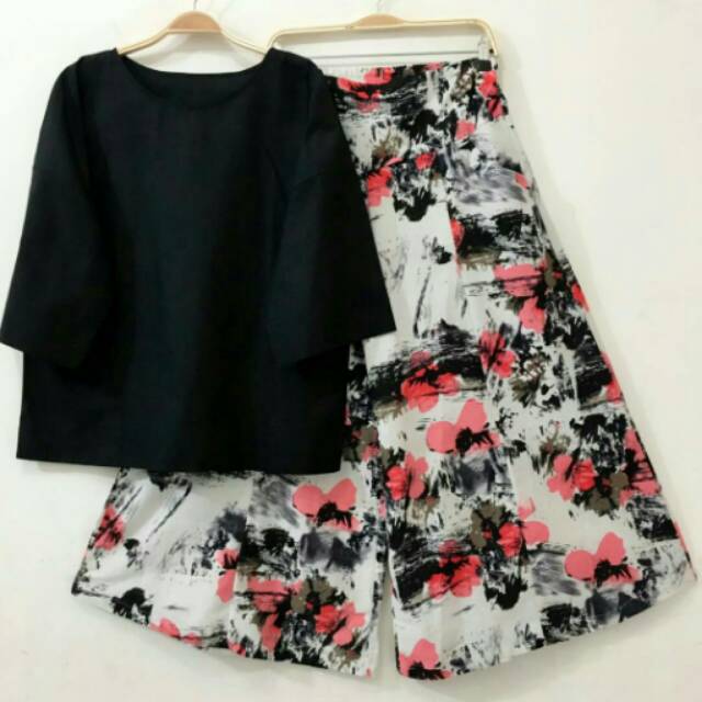 Bleina black set kulot atasan bahan linen bawah celana kulot serat bangkok