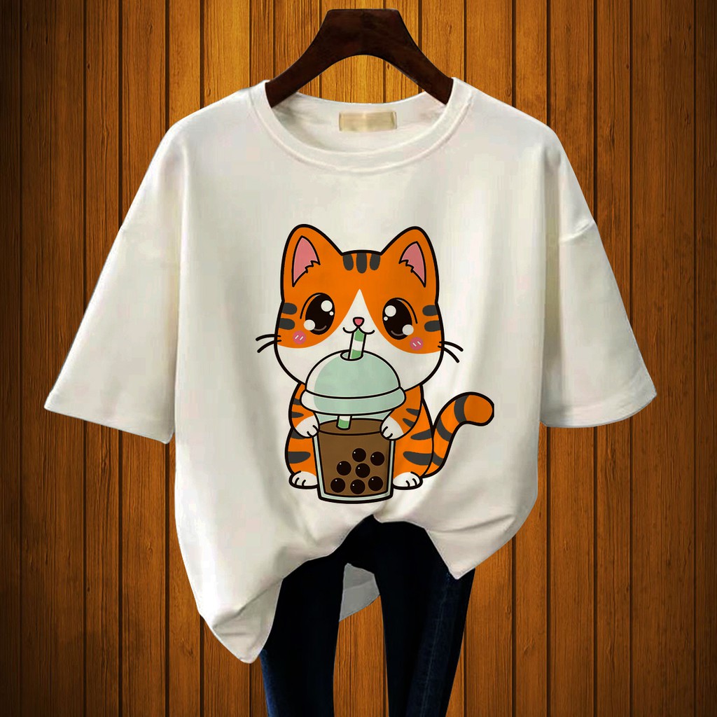 CALVIERO SHOP - BAJU KAOS WANITA ATASAN BIG SIZE PRINT CATS BUBBLE ORANGE CASUAL