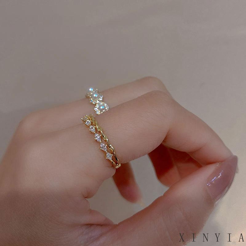 【COD】Cincin Berlian Mutiara Double layer Model Terbuka Adjustable Gaya Retro