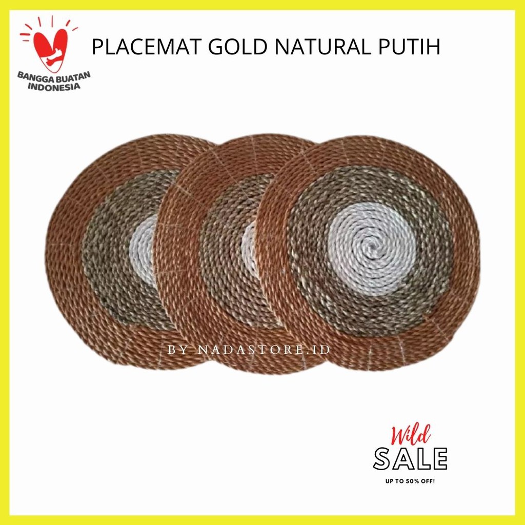 PLACEMAT ALAS PIRING WALLDECOR ANYAMAN SEAGRASS MOTIF GOLD NATURAL PUTIH DIAMETER 35 CM LIMITED