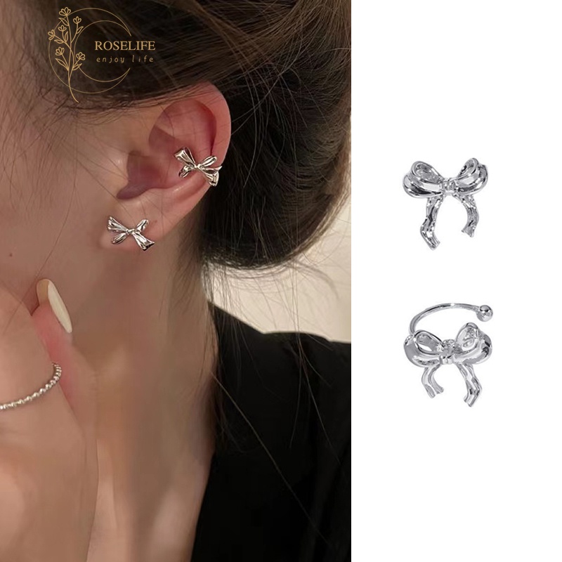 Roselife Anting Tusuk Gantung Bahan Metal Desain Pita Gaya Korea Untuk Wanita