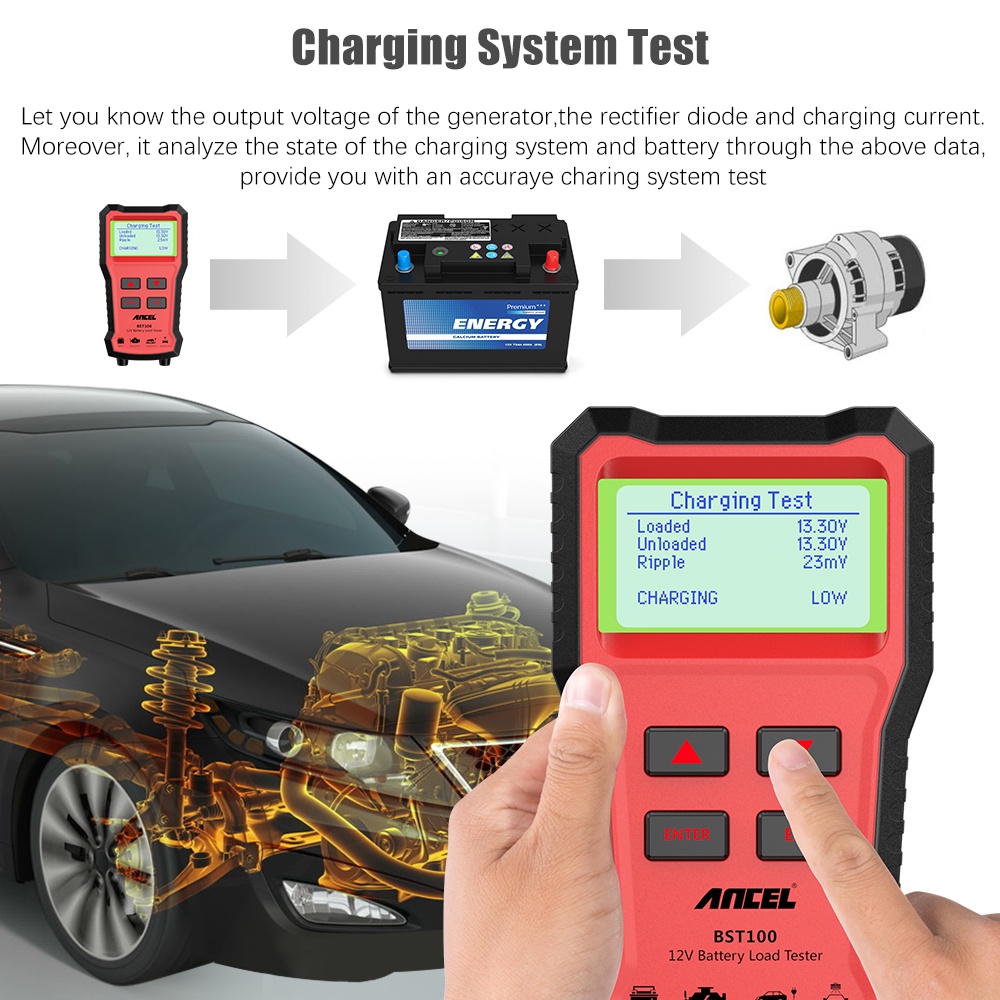 ANCEL BST100 12V Penguji Aki Mobil Car Battery Tester Digital Car Battery Analyzer Battery Health Analyzer Car Diagnostic Tool For Car/Motorcycle/Vans/Light Truck/Boat