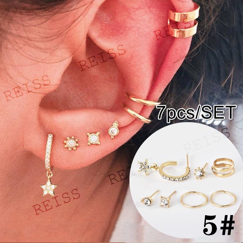 Set Anting-Anting Sederhana Mini Lingkaran Perak Cross Piercing Anting-Anting Bintang Manset Bungkus Emas Kupu-kupu Stud Anting-Anting Kristal Bulat Klip Manset Telinga Unisex Punk Perhiasan