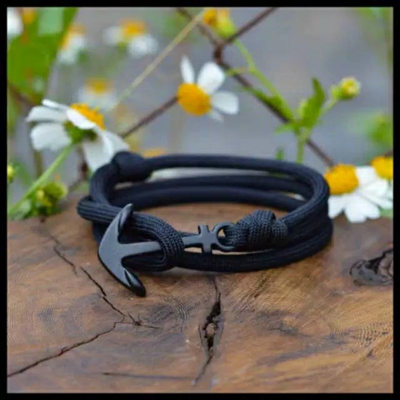 Gelang Pria Tali Prusik Bandul Jangkar Hitam/Gelang Keren/Gelang Simple