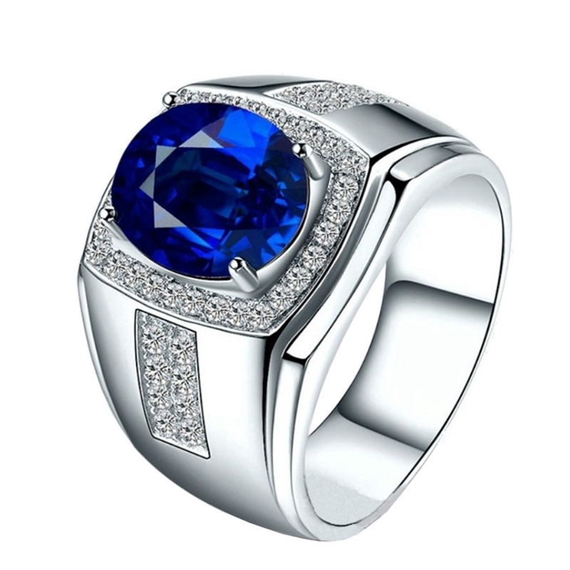 Cincin Silver Desain Batu AAA Biru Hias Kristal Zirconia AAA untuk Pria / Pernikahan