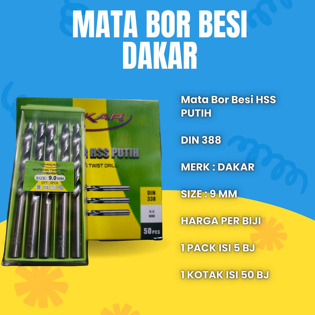 MATA BOR BESI PUTIH 9 MM HSS MERK DAKAR DIN 388 HARGA PER BIJI 9MM BAGUS