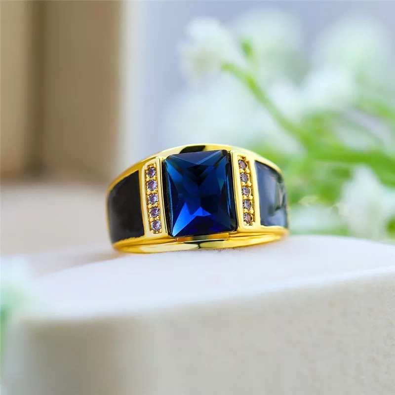 Cincin Pria Biru Safir Blue Saphire Cubic Zirconia Berbahan Ring Gold Filled (Terpadu) High Quality