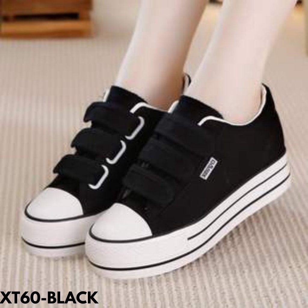 SNEAKERS WANITA VELCRO HIGHCUT BLACK WHITE SISWA SISWI STYLE BAHAN CANVAS IMPORT COMFY T60