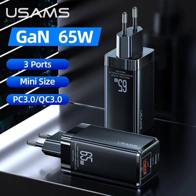 Usams Gan 65W Fast Charger MacBook laptop hp Dual Quick USB C Port &amp; USB A