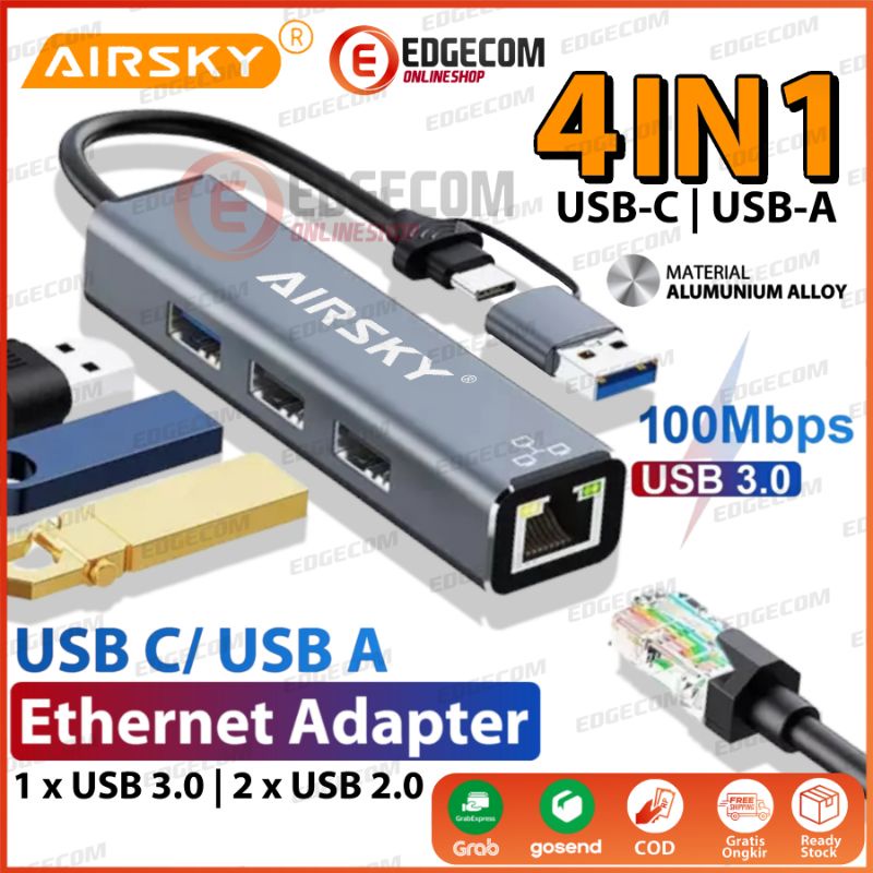 USB 3.0 / TYPE C to HUB USB 3 Port + Ethernet Lan 10/100Mbps AIRSKY