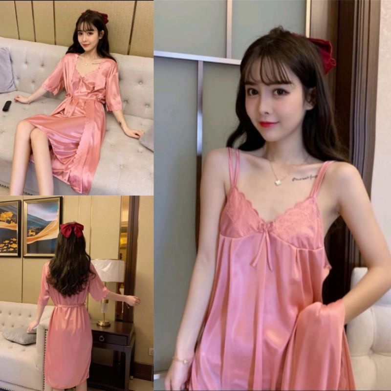 Baju Tidur Wanita Dress Lingerie Sexy Kimono Tricot Bahan Satin