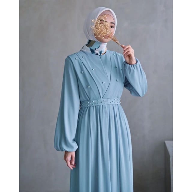 Gamis Pesta Mewah Elegan Baju Lebaran Mutiara Dress Kondangan M L XL Outfit Wanita Kekinian Gamis Malaysia Gamis Lengan Balon