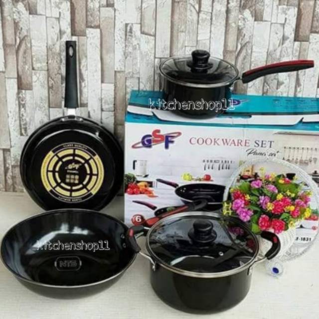 Panci set GSF / wajan set enamel GSF / panci enamel set / cookware set + tutup kaca (6pcs)