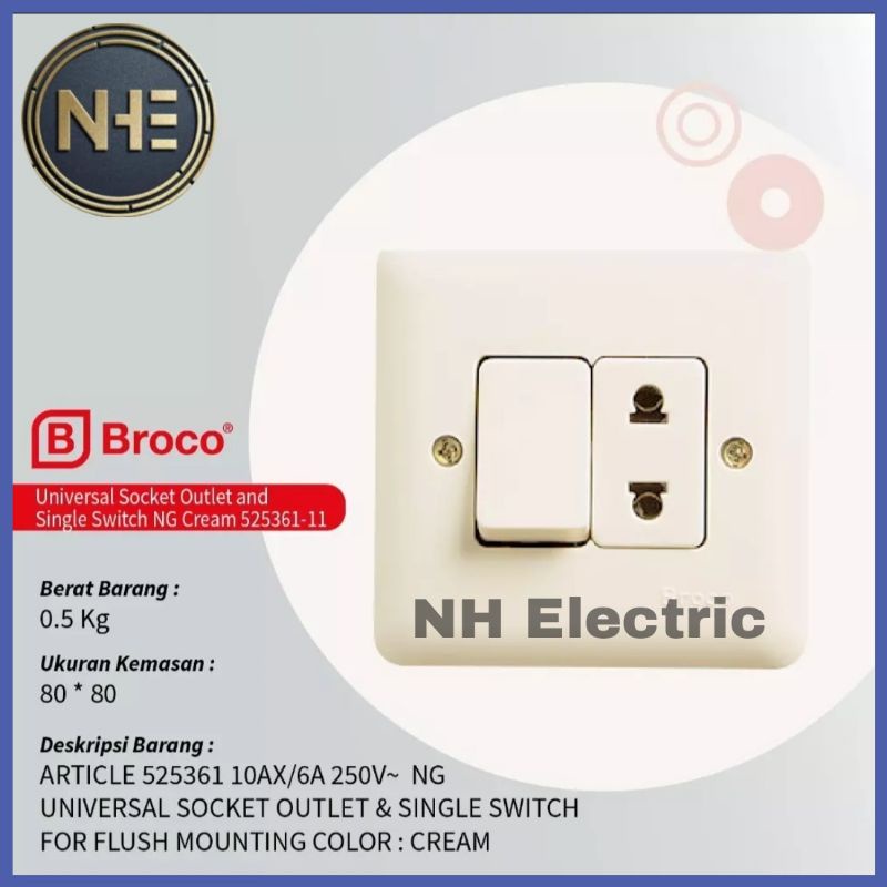 IB Saklar Engkel Stop Kontak Arde 525361 New Gee Cream Broco - Inbow Socket Outlet + Saklar Single Switch Cream Broco - Saklar Tunggal + Stop Kontak Arde Tanam New Gee Broco