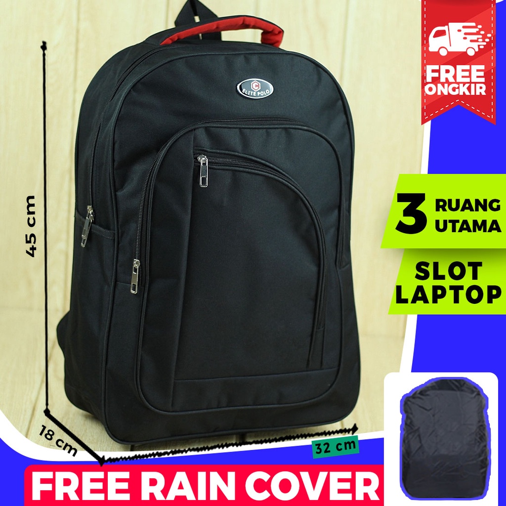 Back Pack Pria Elite Polo Hitam Ransel Laptop Kuliah Kerja Sekolah Trendy Kece Berkualitas