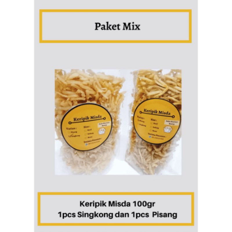 

Paket Mix 100gr, Varian Singkong dan pisang, Cemilan Murah meriah, Keripik Misda Pedas Manis, Cemilan Keluarga, jajanan bersama,