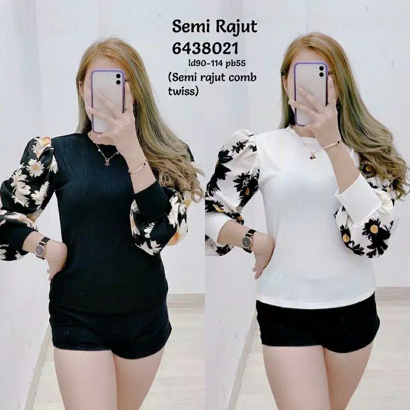 egastore - puffy top blouse daisy Rib Balon kerut Knit / blouse lengan panjang leher bulat untuk wan